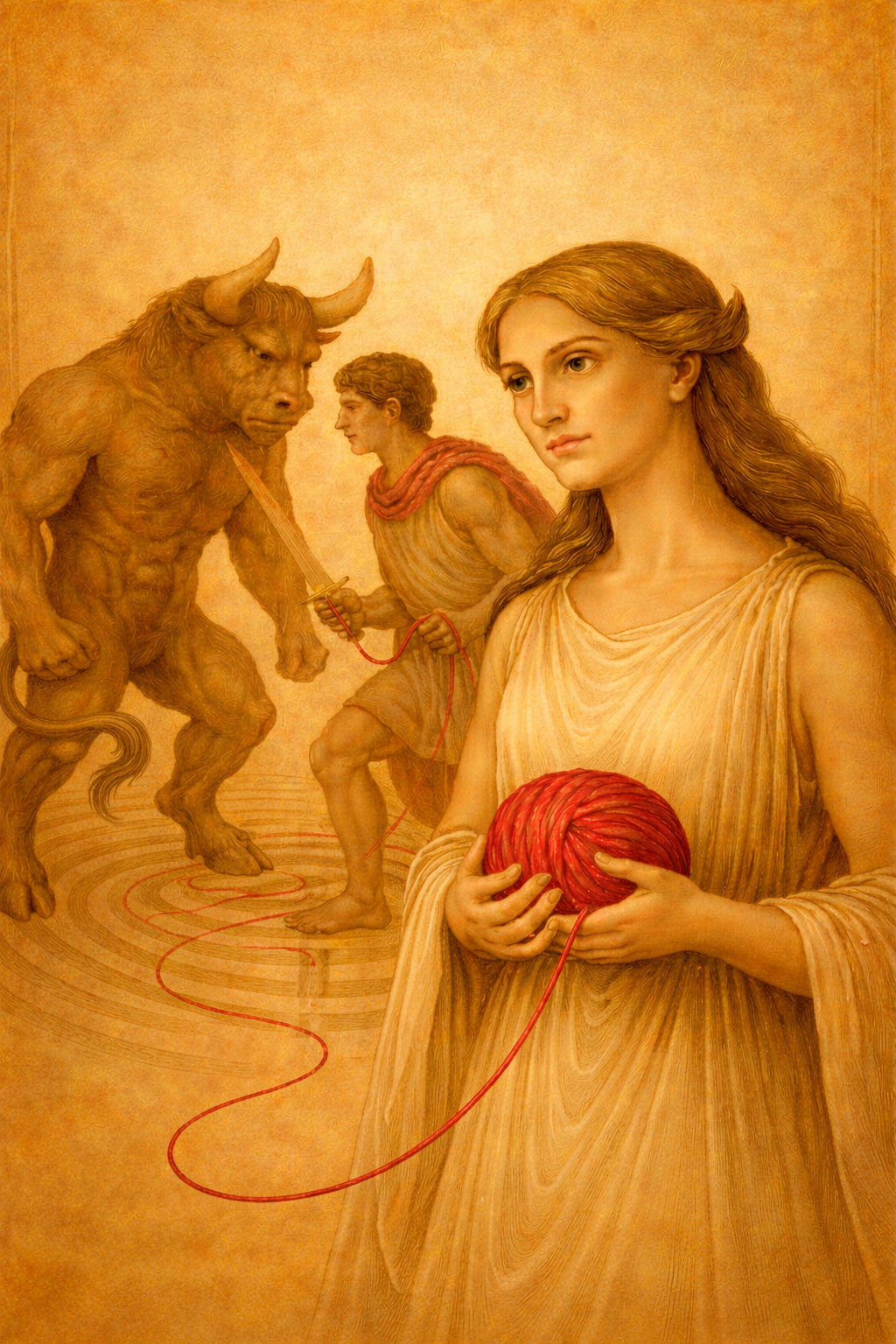 Ilustración original de la portada de Ariadna: Ariadna sosteniendo el ovillo rojo, Teseo con la espada y el Minotauro en el laberinto.